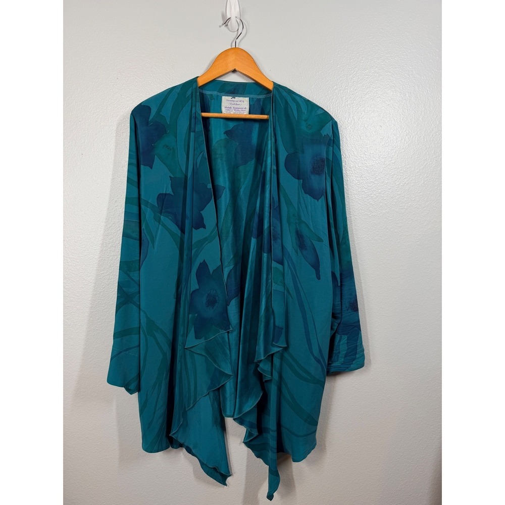 Silk Art to Wear Hand Painted Kimono OS Teal Blackfish Studio Widbey Open Floral